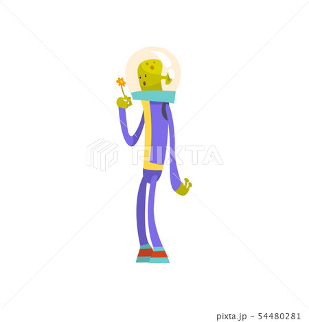 Funny Green Alien with Flower, Funny Humanoid Cartoon Character in Blue Space Suit and Helmet Vector 54480281