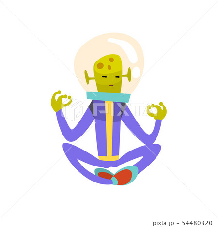 Funny Green Alien Meditating in Lotus Position, Funny Humanoid Cartoon Character in Blue Space Suit Funny Green Alien Meditating in Lotus Position, Funny Humanoid Cartoon Character in Blue Space Suit 54480320