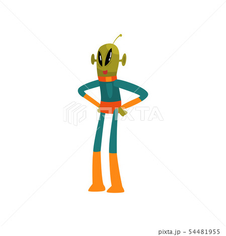 Funny Green Alien Standing with Hands on Its Waist, Humanoid Cartoon Character with Big Eyes Oval Funny Green Alien Standing with Hands on Its Waist, Humanoid Cartoon Character with Big Eyes Oval 54481955