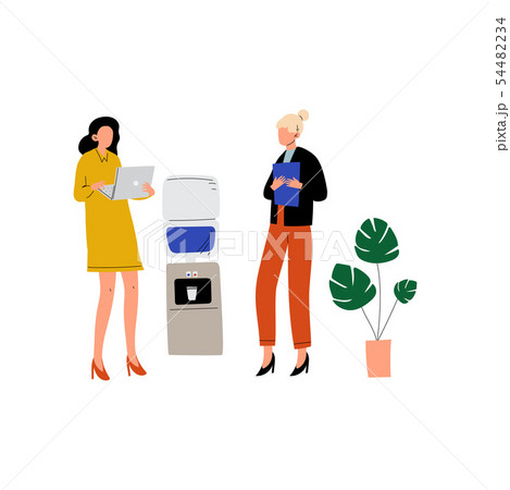Two Business Women Talking to Each Other While Standing Next to Water Cooler, Office Colleagues 54482234