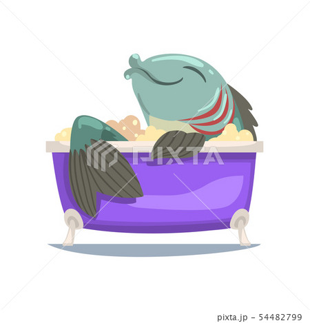 Funny Big Fish Taking Bath, Funny Cartoon Character Sea Animal Relaxing in Foamy Bathtub Vector 54482799