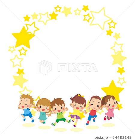 夏服で元気にジャンプする子供たち 星フレーム 丸型 のイラスト素材