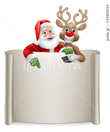 Santa Claus and Reindeer Christmas Scroll Sign 54484034