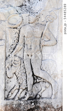 Antique bas-relief with god Hermes and ram image, Antique bas-relief with god Hermes and ram image, 54485289