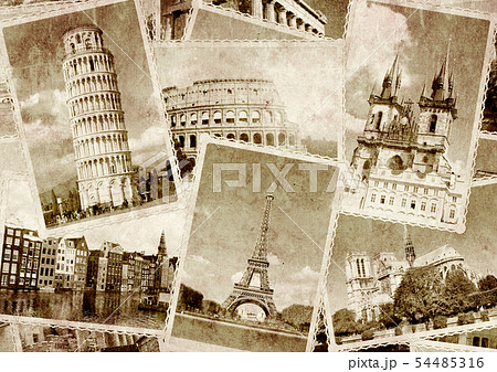 Vintage travel background with retro photos of Vintage travel background with retro photos of 54485316