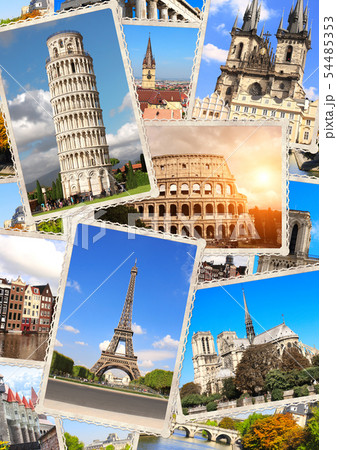 Vintage travel background with retro photos of Vintage travel background with retro photos of 54485353