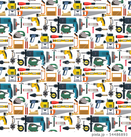 Construction man and building tools carpenter industry worker equipment seamless pattern background 54486893