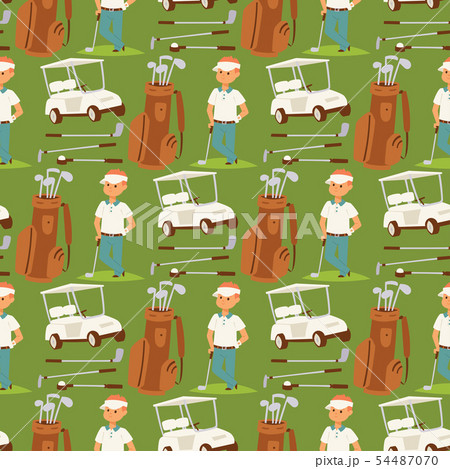 Golf player clothes and accessories golfing club male swing sport hobby equipment seamless pattern 54487070