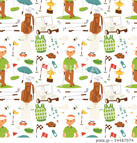 Golf player clothes and accessories golfing club male swing sport hobby equipment seamless pattern 54487074