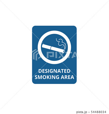 Designated smoking area - blue rectangle banner with cigarette symbol inside circle frame and text 54488034