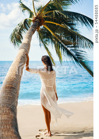 Back view of pretty young woman relax and enjoy sea standing under palm tree on tropical beach 54488085