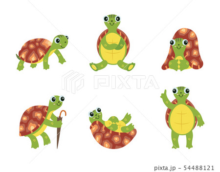 Happy Cartoon Turtle Set Cute Green Sea のイラスト素材