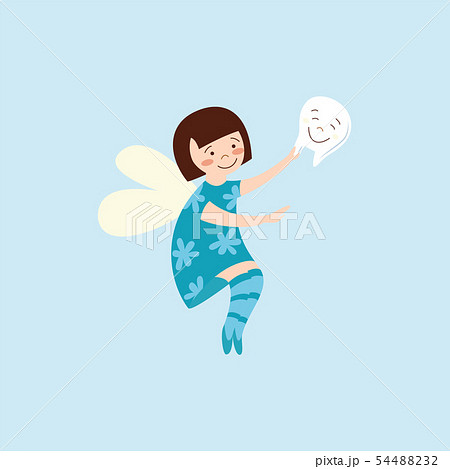 Cute tooth fairy magic creator with tooth icon flat cartoon illustration isolated. Cute tooth fairy magic creator with tooth icon flat cartoon illustration isolated. 54488232