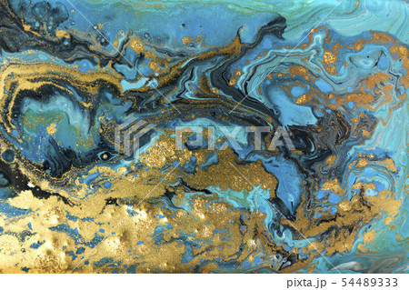 Blue and gold marbling pattern. Golden powder marble liquid texture. 54489333