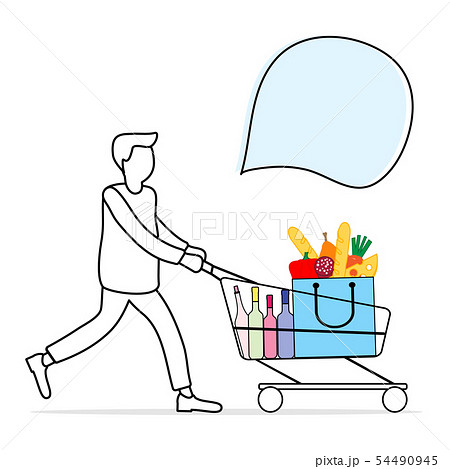 Man carries shopping cart with food and drinks Man carries shopping cart with food and drinks 54490945