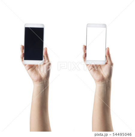 Hand holding smart phone isolated on white Hand holding smart phone isolated on white 54495046
