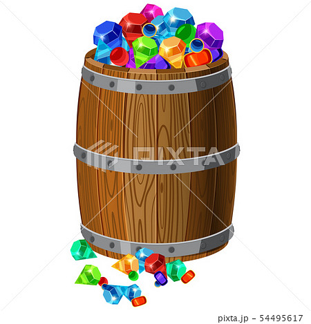 Wooden barrel with treasures, precious stones, diamonds, emeralds, jewelry, with metal stripes, for 54495617