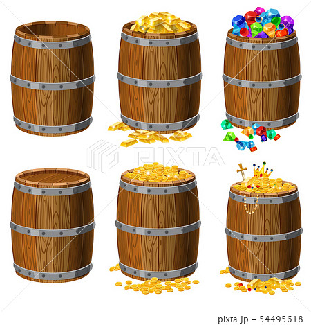 Set of wooden barrels with treasures, gold, coins, bars, precious stones, diamonds, emeralds Set of wooden barrels with treasures, gold, coins, bars, precious stones, diamonds, emeralds 54495618