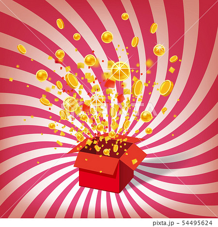 Box With Coins Exploision, Blast. Open Red Gift Box and Confetti. Win, casino, lottery, quiz. Spiral 54495624