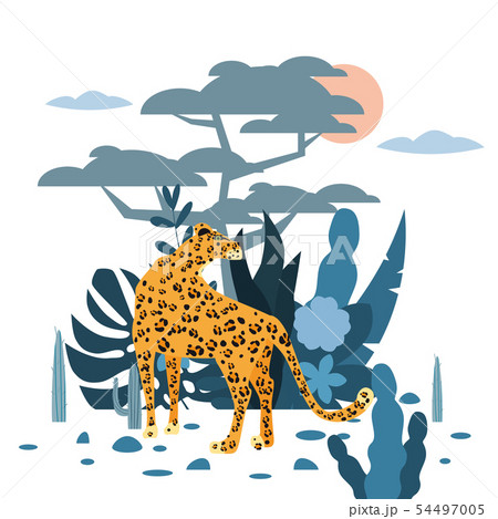 Cute leopard, plant and tree background, graphic trend style, animal predator mammal, jungle. Vector 54497005