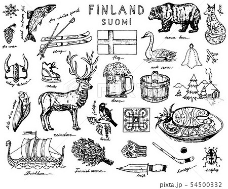 Symbols Of Finland In Vintage Style Doodle のイラスト素材