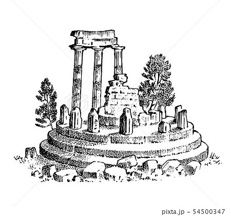 Ruins of ancient Greece. Greek columns, landscape in vintage style. Hand drawn engraved vintage 54500347