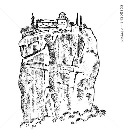 Rock in ancient Greece. Greek Ruins, landscape in vintage style. Hand drawn engraved vintage sketch 54500358