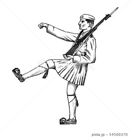 Military steps with weapons and in shape. Man Greek in a skirt. Greece and cultural features. Hand Military steps with weapons and in shape. Man Greek in a skirt. Greece and cultural features. Hand 54500370