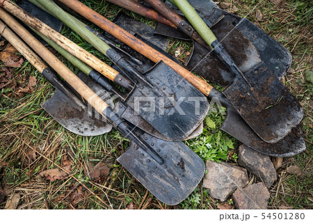 Metallic shovel with wooden handle isolated on white background, farm tools, clipping path included 54501280