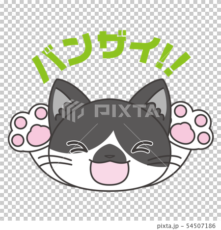 スタンプ風アイコン 猫 白黒 バンザイ のイラスト素材