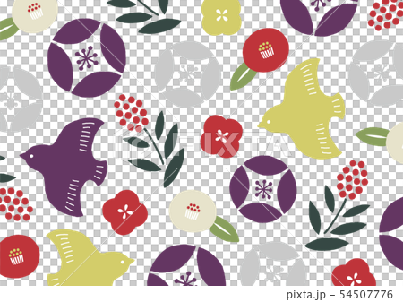 椿と鳥のポップな和柄 54507776