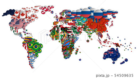 World map and all national circle country flags . 54509635