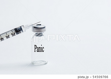 Vaccine with an inscription panic on a white isolated background and a syringe. Close-up. Vaccine with an inscription panic on a white isolated background and a syringe. Close-up. 54509766