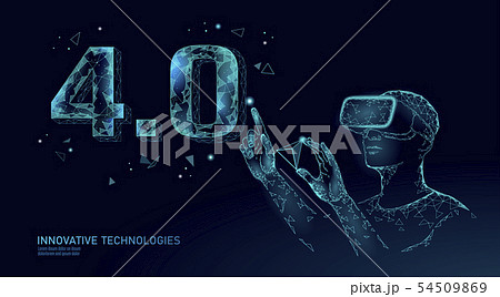 Low poly future industrial revolution concept. Industry 4.0 number assembled VR helmet glasses 54509869