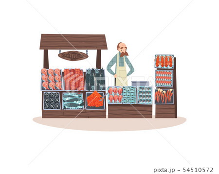 Seafood Market with Freshness Fish on Counter, Street Shop with Male Seller Vector Illustration 54510572