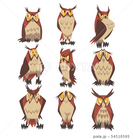 Collection of Great Horned Owls Birds Characters, Eurasian Eagle Owls Vector Illustration 54510595