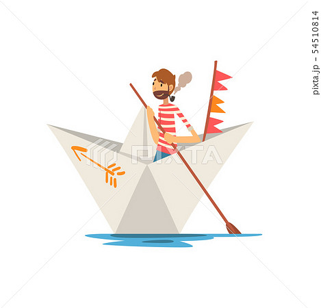 Man Sailor with Tobacco Pipe Boating on River, Lake or Pond in Paper Boat Vector Illustration 54510814