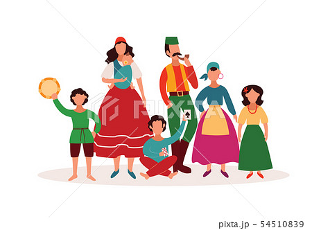 Gypsy people - isolated cartoon character family in traditional clothes and Romany culture artefacts Gypsy people - isolated cartoon character family in traditional clothes and Romany culture artefacts 54510839
