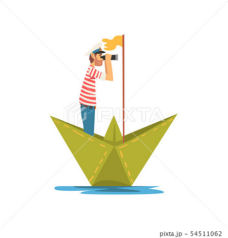 Man in Red White Striped T-Shirt and Binoculars Boating on River, Lake or Pond in Paper Boat Vector 54511062