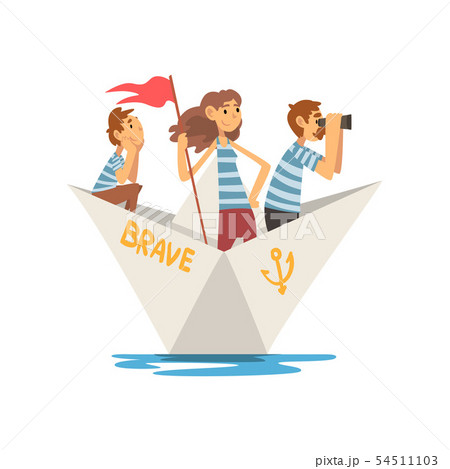 Father, Mother and Son in Striped T-Shirts Boating on River, Lake or Pond, Family Paper Boat Vector 54511103