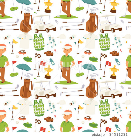 Golf player clothes and accessories golfing club male swing sport hobby equipment seamless pattern 54511251