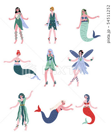 Collection of Beautiful Forest Fairies, Nymphs, Mermaids, Sirens Vector Illustration 54511252