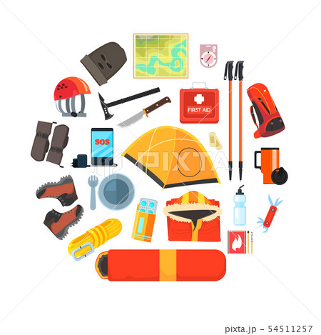 Expedition Equipment Set, Hiking, Camping and Mountaineering Tools, Tourism, Expedition Symbols Expedition Equipment Set, Hiking, Camping and Mountaineering Tools, Tourism, Expedition Symbols 54511257