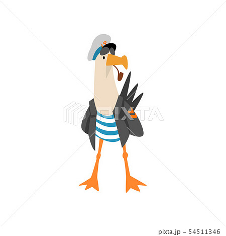 Seagull Sailor Smoking Pipe, Funny Bird Cartoon Character in Blue White Vest, Black Jacket and Seagull Sailor Smoking Pipe, Funny Bird Cartoon Character in Blue White Vest, Black Jacket and 54511346