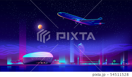 Airplane take off from runway at neon night city 54511528