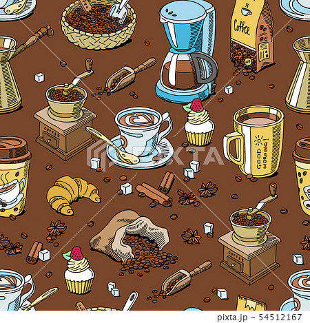Coffee pattern seamless coffeebeans and coffeecup drink hot espresso or cappuccino in coffeeshop and 54512167