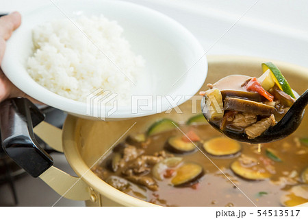 手作り料理のカレーをおたまでよそぐシーン家庭料理夏野菜カレー 手作り料理のカレーをおたまでよそぐシーン家庭料理夏野菜カレー 54513517