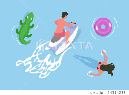 Man Driving Jet Ski, Girl Swimming in Water Vector 54514233
