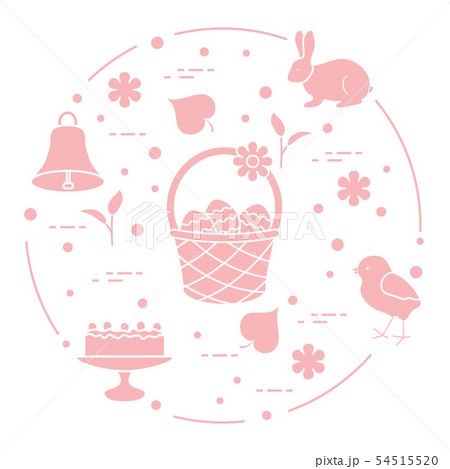 Easter Simnel cake, basket, eggs, bell, chick. 54515520