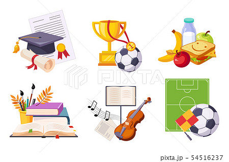 Flat vector set of icons presenting different school subjects. Art and music, sport, biology and 54516237